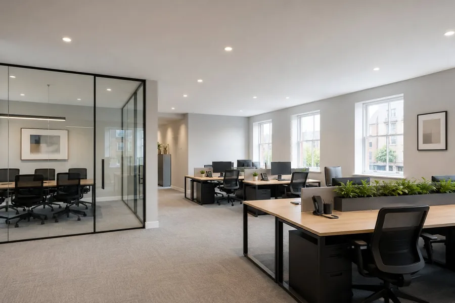 Decorated commercial office interior with a bronze feature wall